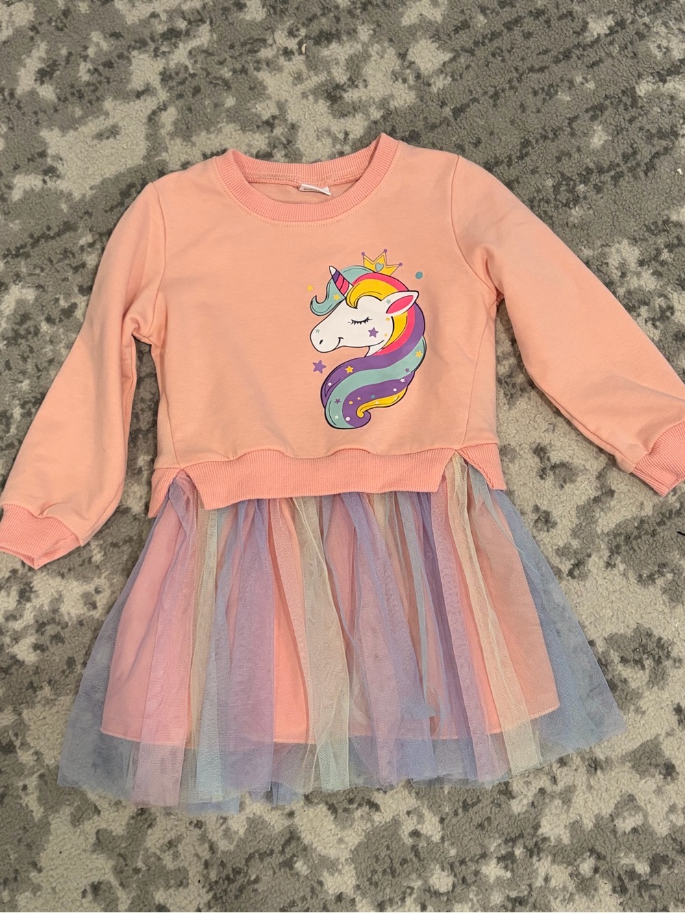 Peach Unicorn Tulle Dress with Rainbow Details long sleeves 3t